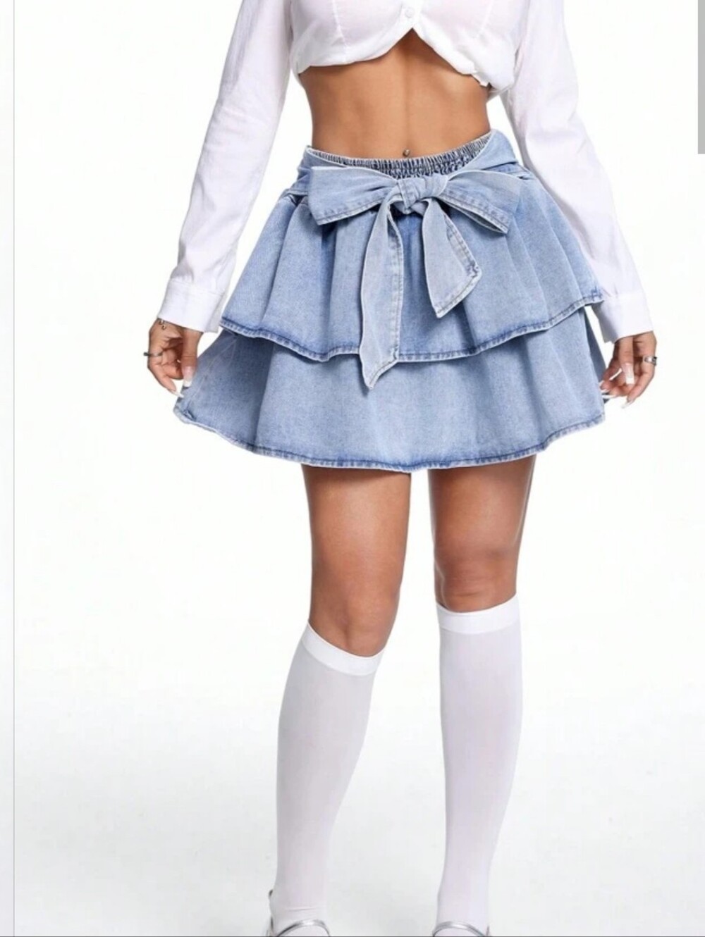 SHEIN Light Blue Tiered Denim Mini Skirt with Front Bow. Size SHEIN Curve 0XL